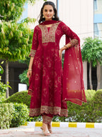 Mirror Embroidered Anarkali Kurta With Matching Pant & Embroidered Chiffon Dupatta, Maroon - Hiral Fashion - Distacart