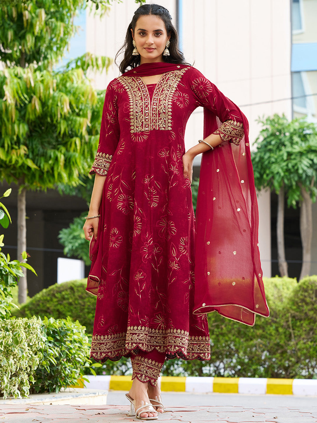 Mirror Embroidered Anarkali Kurta With Matching Pant & Embroidered Chiffon Dupatta, Maroon - Hiral Fashion - Distacart