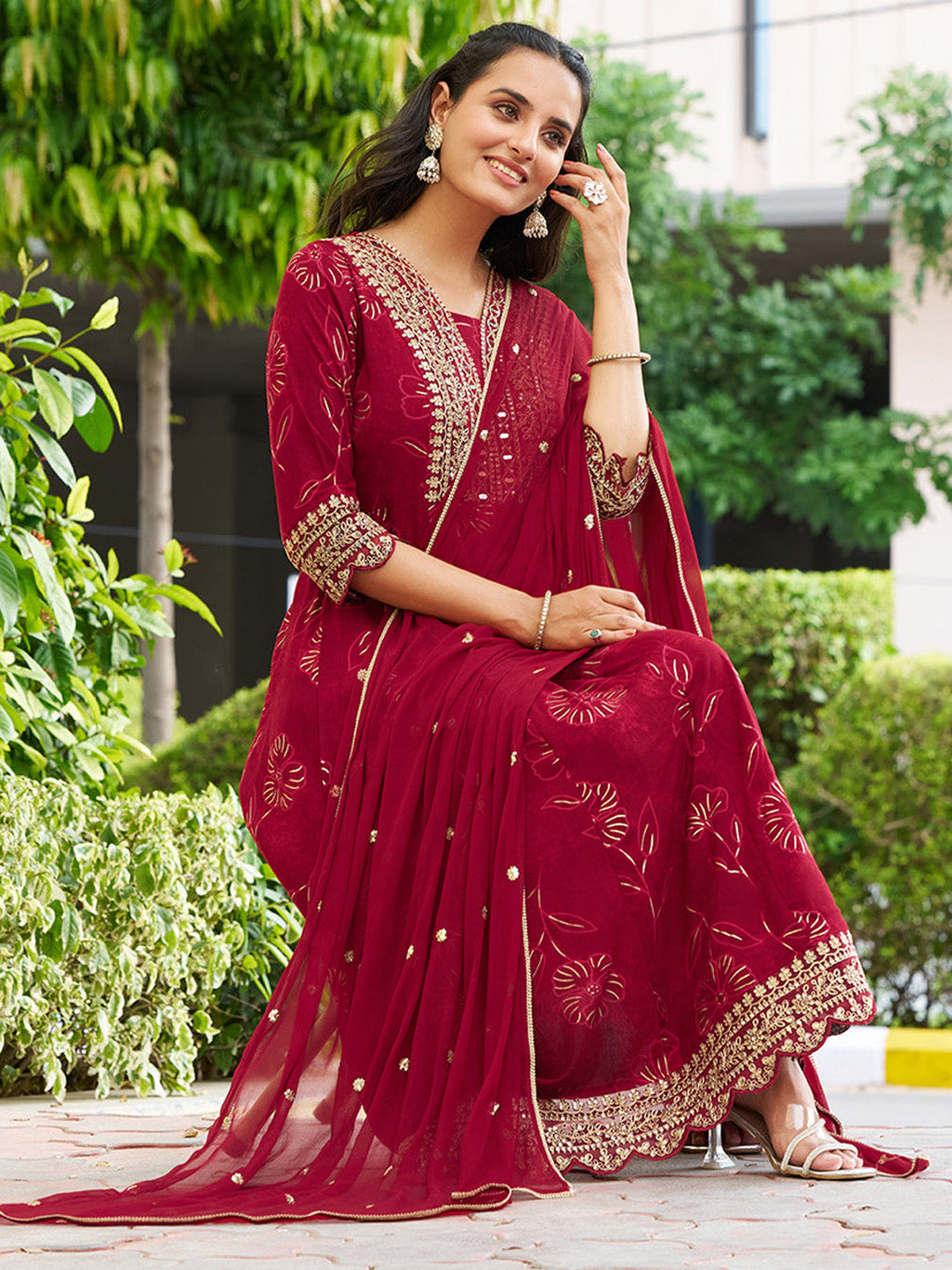 Mirror Embroidered Anarkali Kurta With Matching Pant & Embroidered Chiffon Dupatta, Maroon - Hiral Fashion - Distacart