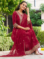 Mirror Embroidered Anarkali Kurta With Matching Pant & Embroidered Chiffon Dupatta, Maroon - Hiral Fashion - Distacart