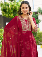 Mirror Embroidered Anarkali Kurta With Matching Pant & Embroidered Chiffon Dupatta, Maroon - Hiral Fashion - Distacart