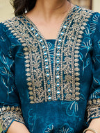 Mirror Embroidered Anarkali Kurta With Matching Pant & Embroidered Chiffon Dupatta, Teal - Hiral Fashion - Distacart