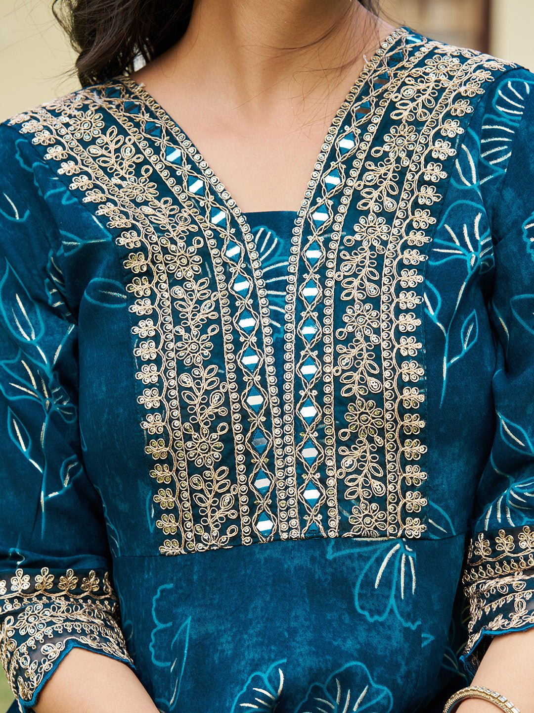 Mirror Embroidered Anarkali Kurta With Matching Pant & Embroidered Chiffon Dupatta, Teal - Hiral Fashion - Distacart