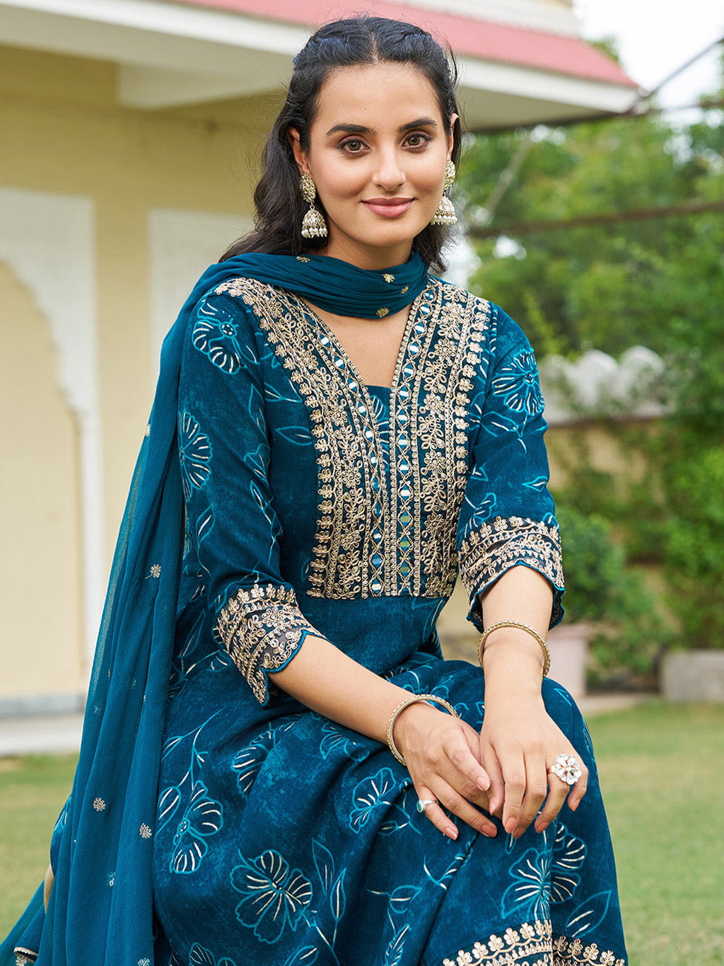 Mirror Embroidered Anarkali Kurta With Matching Pant & Embroidered Chiffon Dupatta, Teal - Hiral Fashion - Distacart