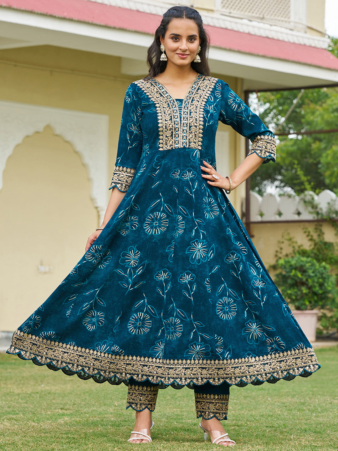Mirror Embroidered Anarkali Kurta With Matching Pant & Embroidered Chiffon Dupatta, Teal - Hiral Fashion - Distacart