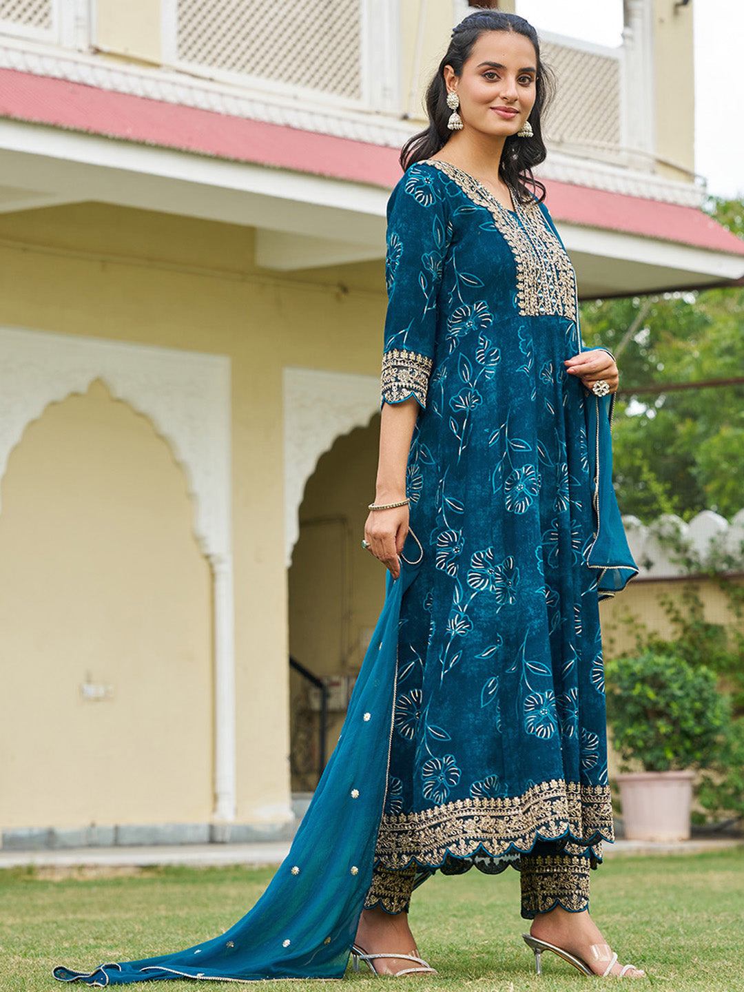 Mirror Embroidered Anarkali Kurta With Matching Pant & Embroidered Chiffon Dupatta, Teal - Hiral Fashion - Distacart