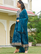 Mirror Embroidered Anarkali Kurta With Matching Pant & Embroidered Chiffon Dupatta, Teal - Hiral Fashion - Distacart