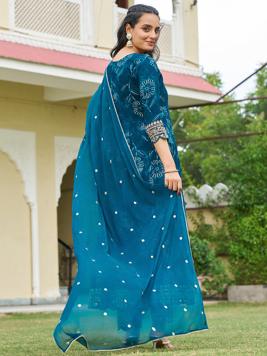 Mirror Embroidered Anarkali Kurta With Matching Pant & Embroidered Chiffon Dupatta, Teal - Hiral Fashion - Distacart