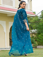 Mirror Embroidered Anarkali Kurta With Matching Pant & Embroidered Chiffon Dupatta, Teal - Hiral Fashion - Distacart