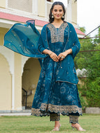 Mirror Embroidered Anarkali Kurta With Matching Pant & Embroidered Chiffon Dupatta, Teal - Hiral Fashion - Distacart
