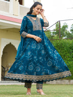 Mirror Embroidered Anarkali Kurta With Matching Pant & Embroidered Chiffon Dupatta, Teal - Hiral Fashion - Distacart