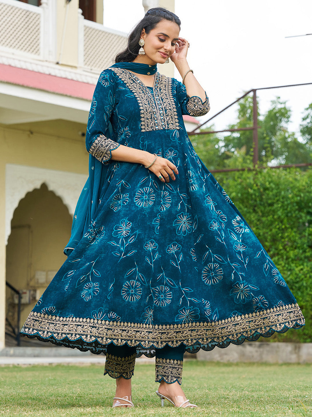 Mirror Embroidered Anarkali Kurta With Matching Pant & Embroidered Chiffon Dupatta, Teal - Hiral Fashion - Distacart