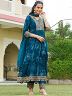Mirror Embroidered Anarkali Kurta With Matching Pant & Embroidered Chiffon Dupatta, Teal - Hiral Fashion - Distacart