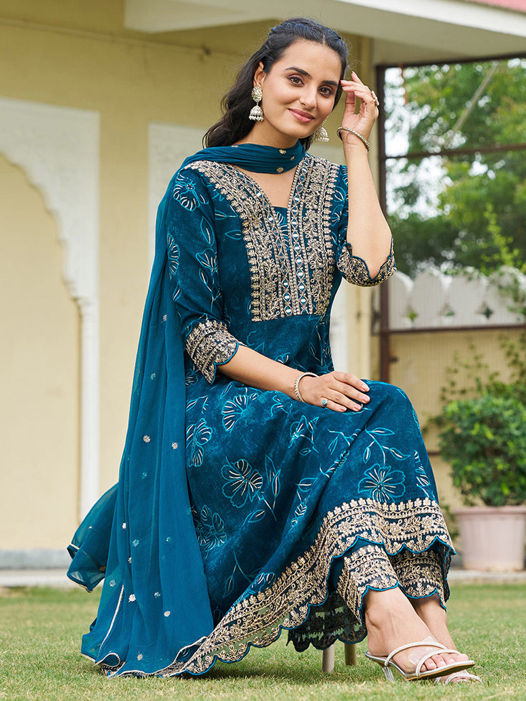 Mirror Embroidered Anarkali Kurta With Matching Pant & Embroidered Chiffon Dupatta, Teal - Hiral Fashion - Distacart