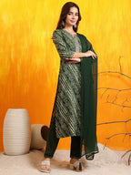 Embroidered Kurta With Pant & Dupatta, Green - Hiral Fashion - Distacart