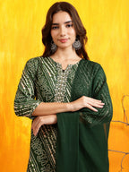 Embroidered Kurta With Pant & Dupatta, Green - Hiral Fashion - Distacart