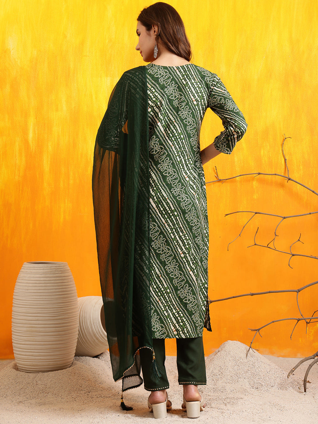 Embroidered Kurta With Pant & Dupatta, Green - Hiral Fashion - Distacart