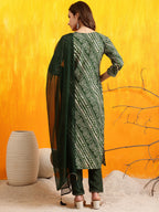 Embroidered Kurta With Pant & Dupatta, Green - Hiral Fashion - Distacart