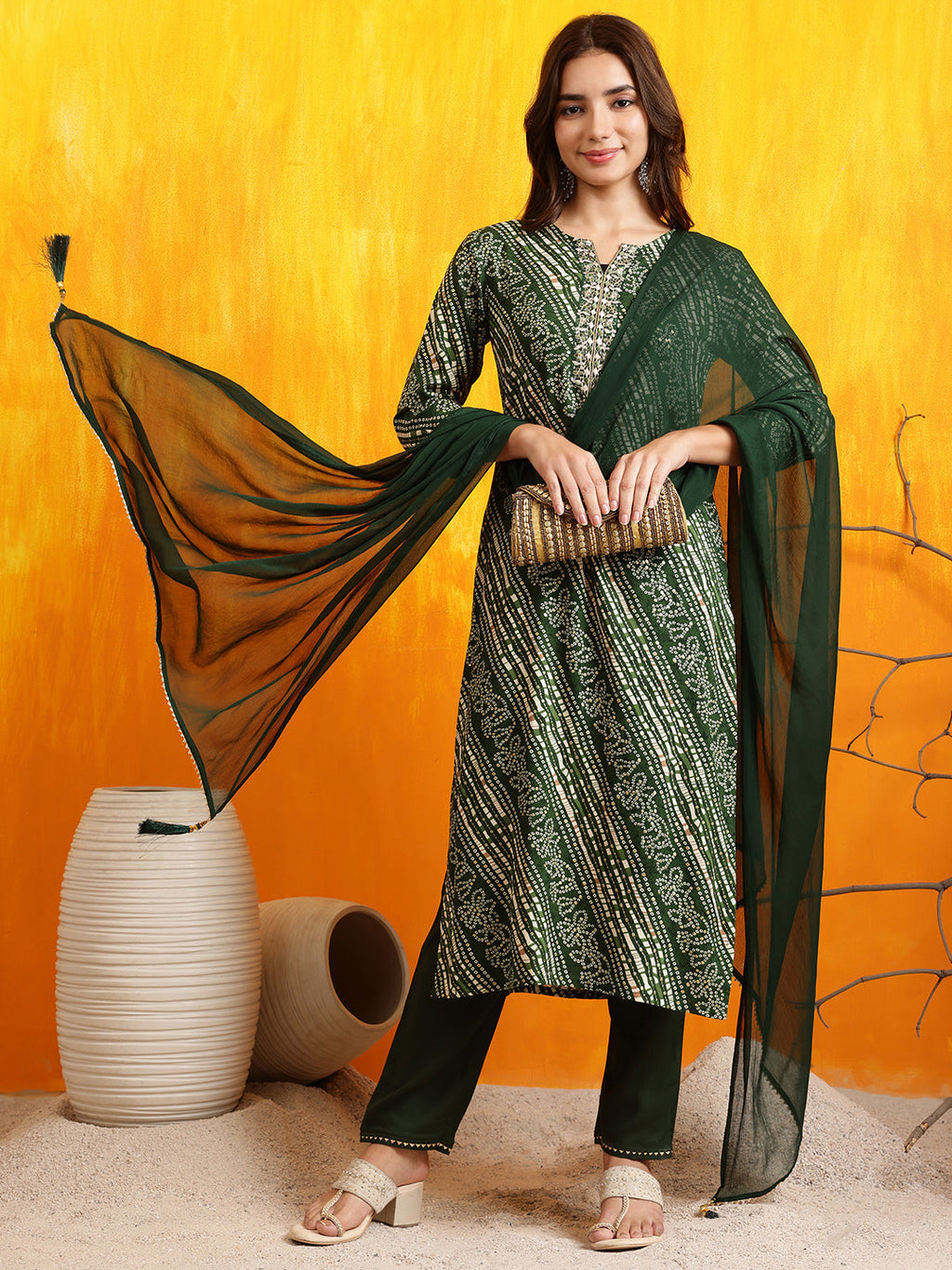 Embroidered Kurta With Pant & Dupatta, Green - Hiral Fashion - Distacart