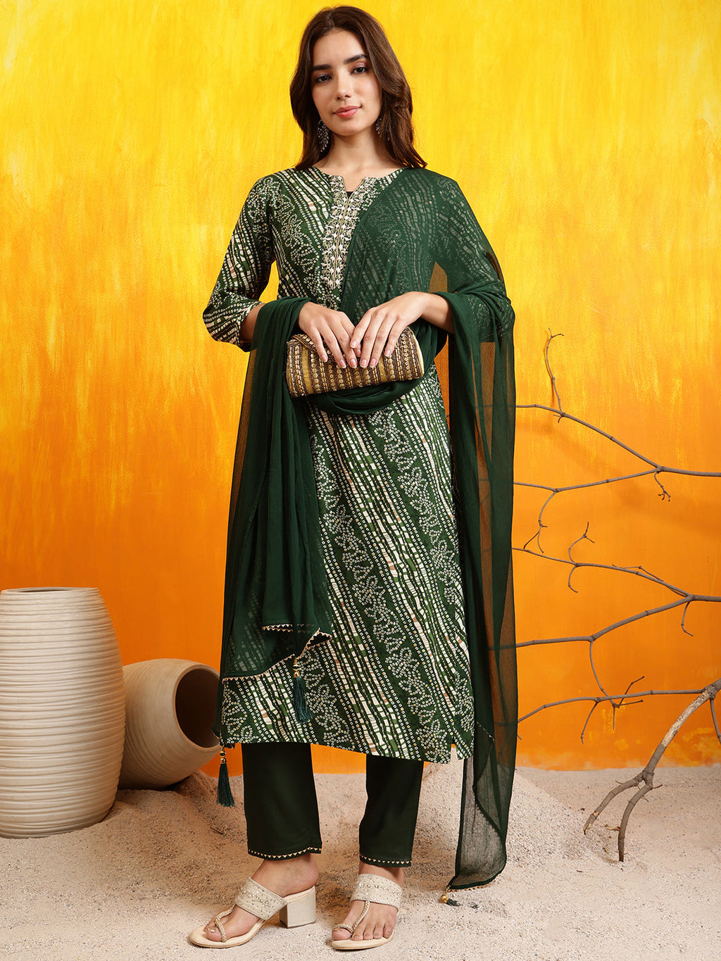 Embroidered Kurta With Pant & Dupatta, Green - Hiral Fashion - Distacart