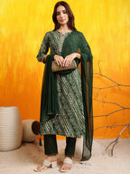 Embroidered Kurta With Pant & Dupatta, Green - Hiral Fashion - Distacart