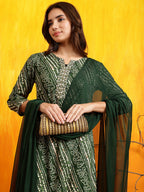 Embroidered Kurta With Pant & Dupatta, Green - Hiral Fashion - Distacart