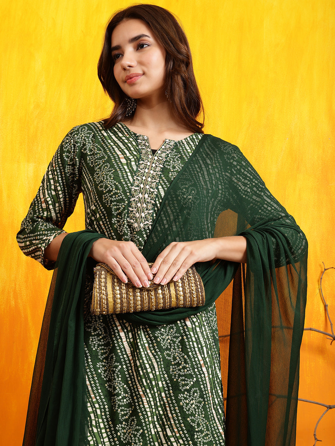 Embroidered Kurta With Pant & Dupatta, Green - Hiral Fashion - Distacart