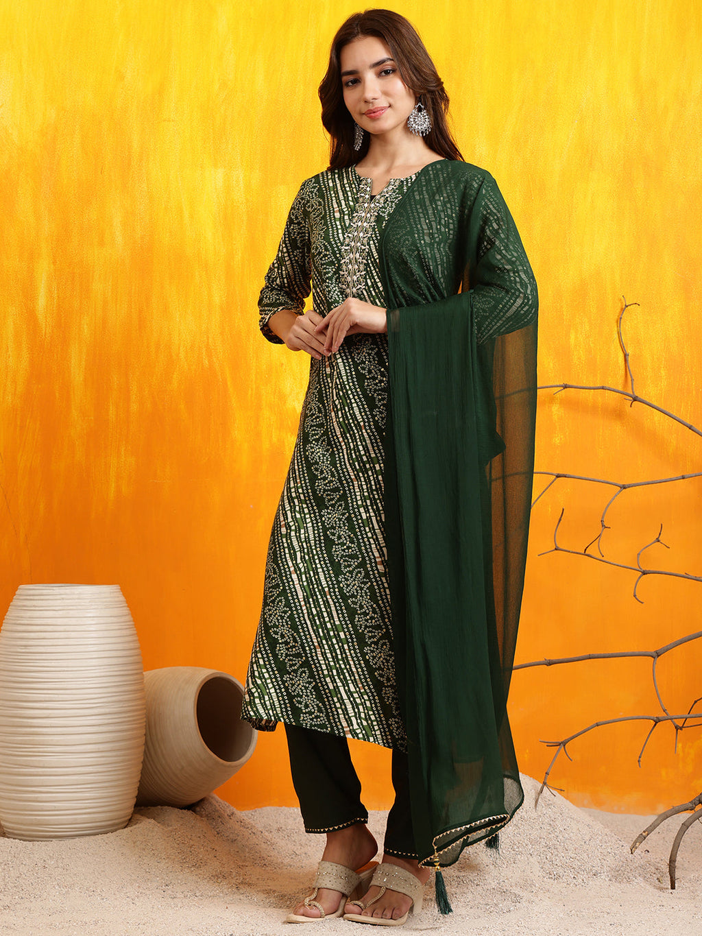 Embroidered Kurta With Pant & Dupatta, Green - Hiral Fashion - Distacart