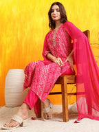 Embroidered Kurta With Pant & Dupatta, Pink - Hiral Fashion - Distacart