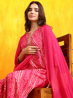 Embroidered Kurta With Pant & Dupatta, Pink - Hiral Fashion - Distacart