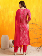 Embroidered Kurta With Pant & Dupatta, Pink - Hiral Fashion - Distacart