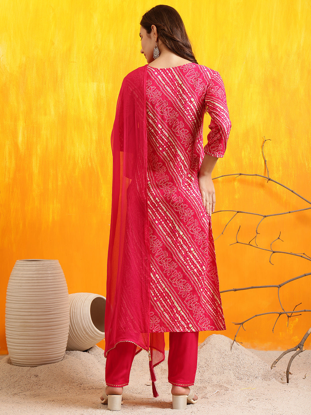 Embroidered Kurta With Pant & Dupatta, Pink - Hiral Fashion - Distacart