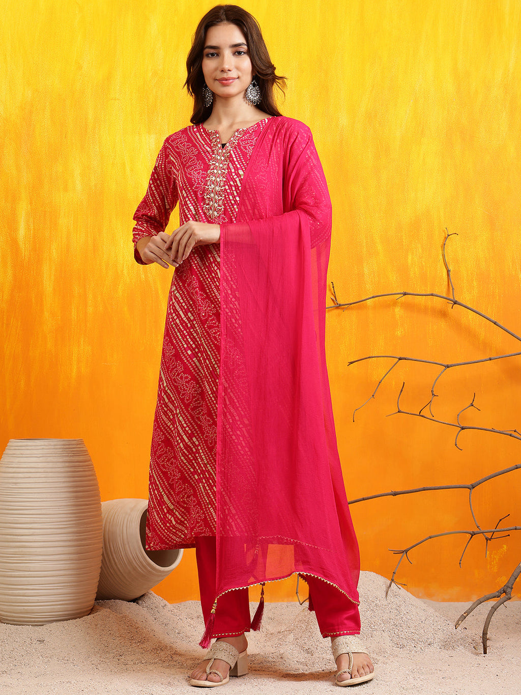 Embroidered Kurta With Pant & Dupatta, Pink - Hiral Fashion - Distacart