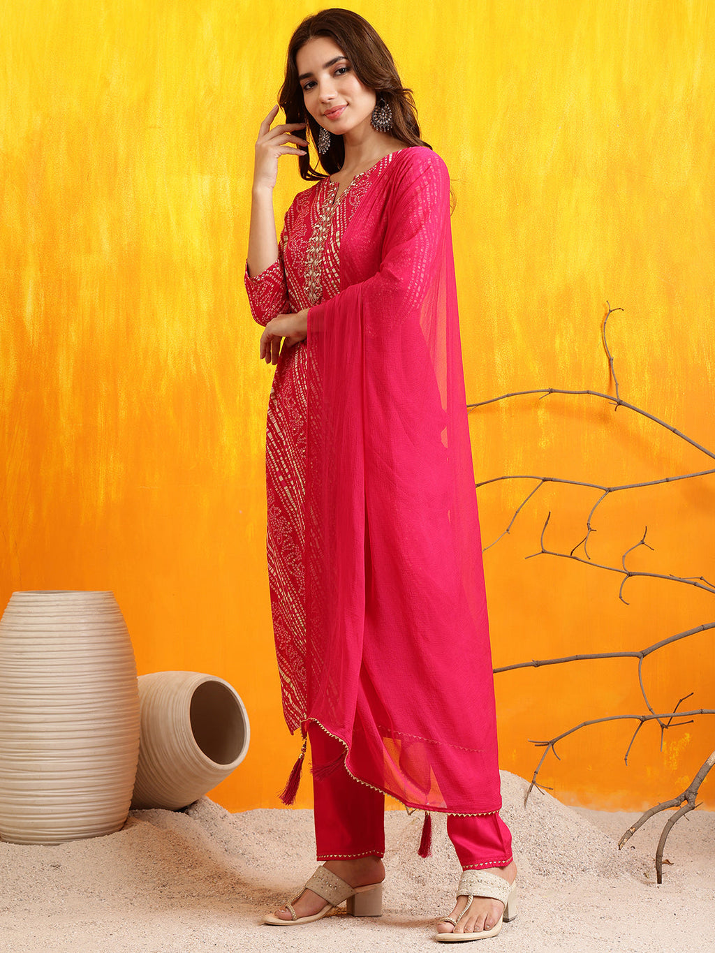 Embroidered Kurta With Pant & Dupatta, Pink - Hiral Fashion - Distacart