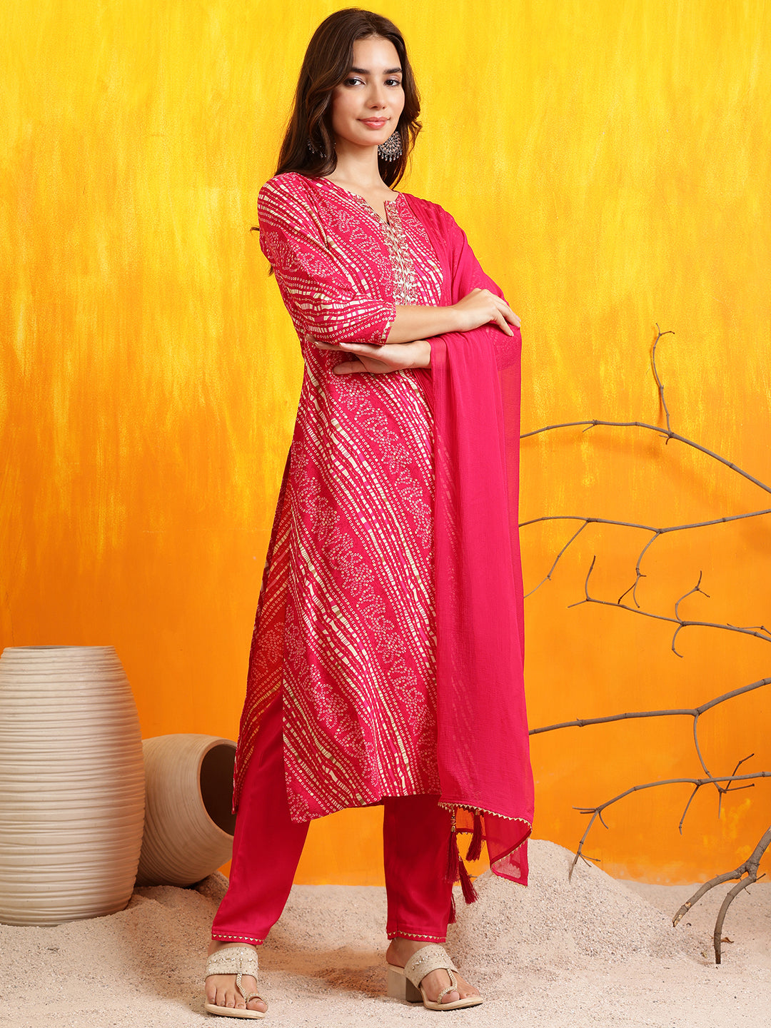 Embroidered Kurta With Pant & Dupatta, Pink - Hiral Fashion - Distacart