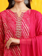 Embroidered Kurta With Pant & Dupatta, Pink - Hiral Fashion - Distacart