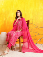 Embroidered Kurta With Pant & Dupatta, Pink - Hiral Fashion - Distacart