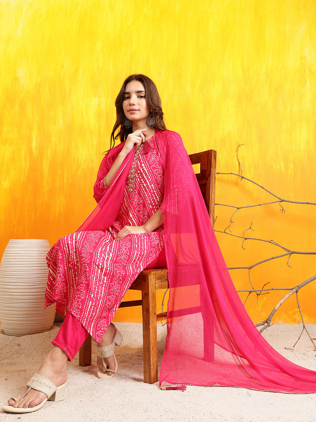 Embroidered Kurta With Pant & Dupatta, Pink - Hiral Fashion - Distacart