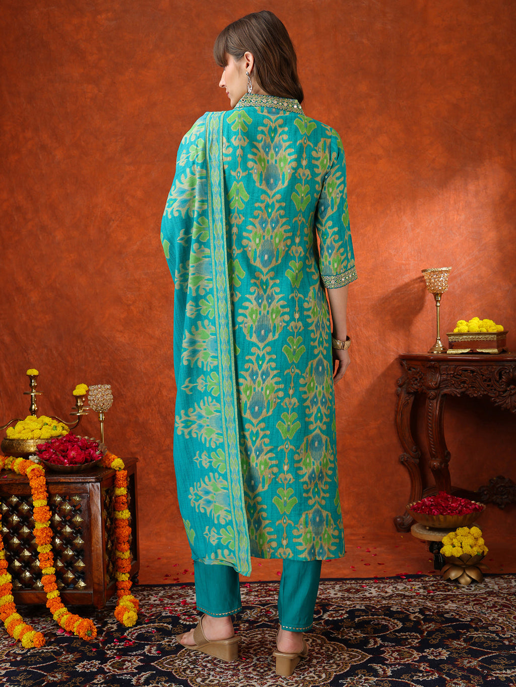 Embroidered & Printed Kurta With Pant & Coordinated Dupatta, Turquoise - Hiral Fashion - Distacart