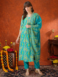 Embroidered & Printed Kurta With Pant & Coordinated Dupatta, Turquoise - Hiral Fashion - Distacart
