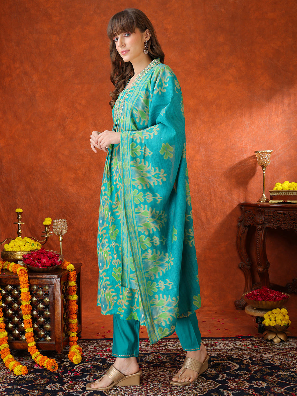 Embroidered & Printed Kurta With Pant & Coordinated Dupatta, Turquoise - Hiral Fashion - Distacart