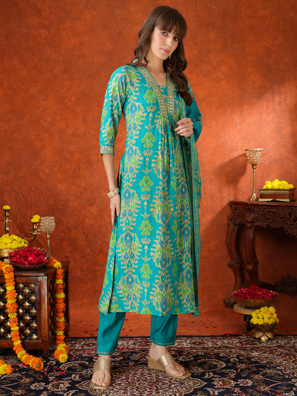 Embroidered & Printed Kurta With Pant & Coordinated Dupatta, Turquoise - Hiral Fashion - Distacart