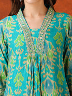 Embroidered & Printed Kurta With Pant & Coordinated Dupatta, Turquoise - Hiral Fashion - Distacart
