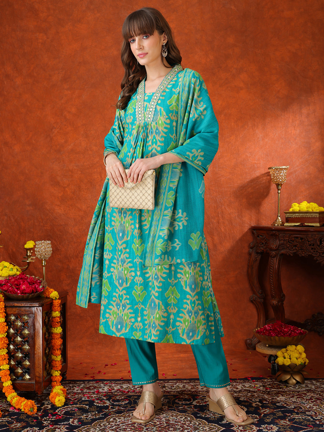 Embroidered & Printed Kurta With Pant & Coordinated Dupatta, Turquoise - Hiral Fashion - Distacart