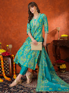 Embroidered & Printed Kurta With Pant & Coordinated Dupatta, Turquoise - Hiral Fashion - Distacart
