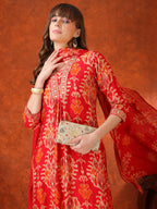 Embroidered & Printed Kurta With Pant & Coordinated Dupatta, Red - Hiral Fashion - Distacart