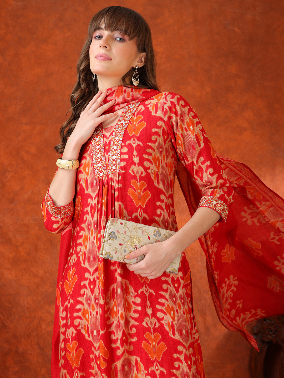Embroidered & Printed Kurta With Pant & Coordinated Dupatta, Red - Hiral Fashion - Distacart