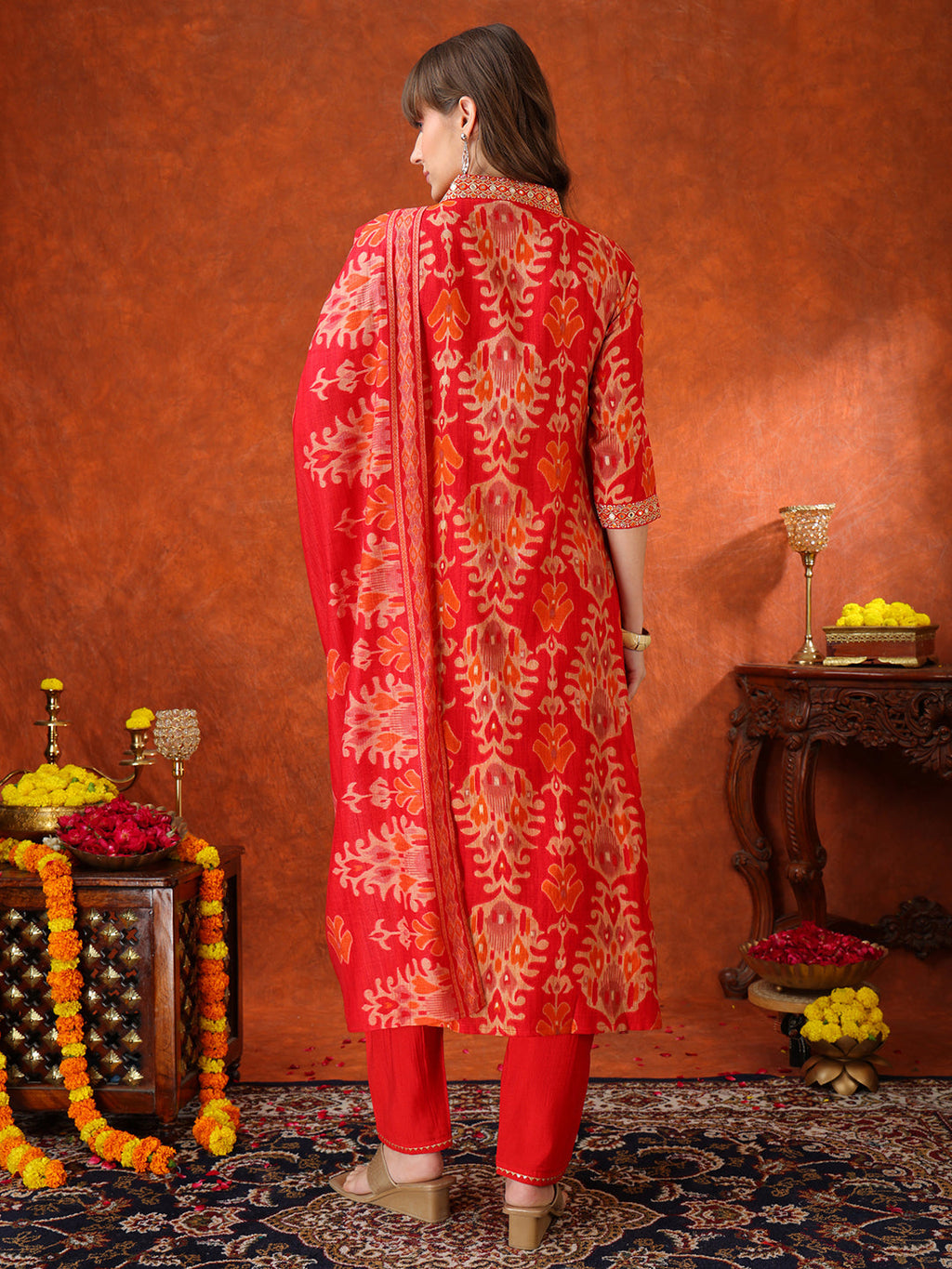 Embroidered & Printed Kurta With Pant & Coordinated Dupatta, Red - Hiral Fashion - Distacart