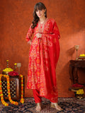 Embroidered & Printed Kurta With Pant & Coordinated Dupatta, Red - Hiral Fashion - Distacart