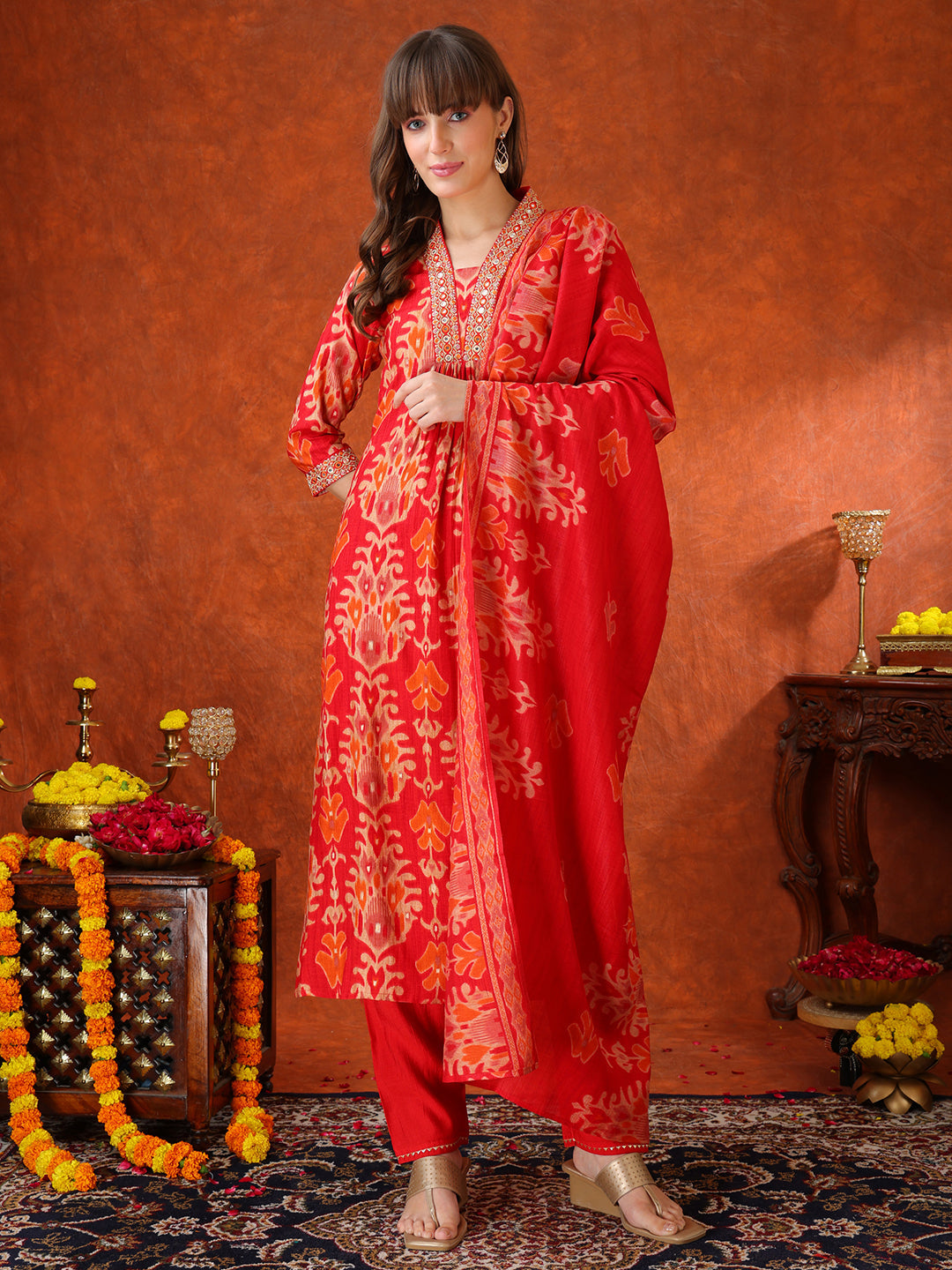 Embroidered & Printed Kurta With Pant & Coordinated Dupatta, Red - Hiral Fashion - Distacart